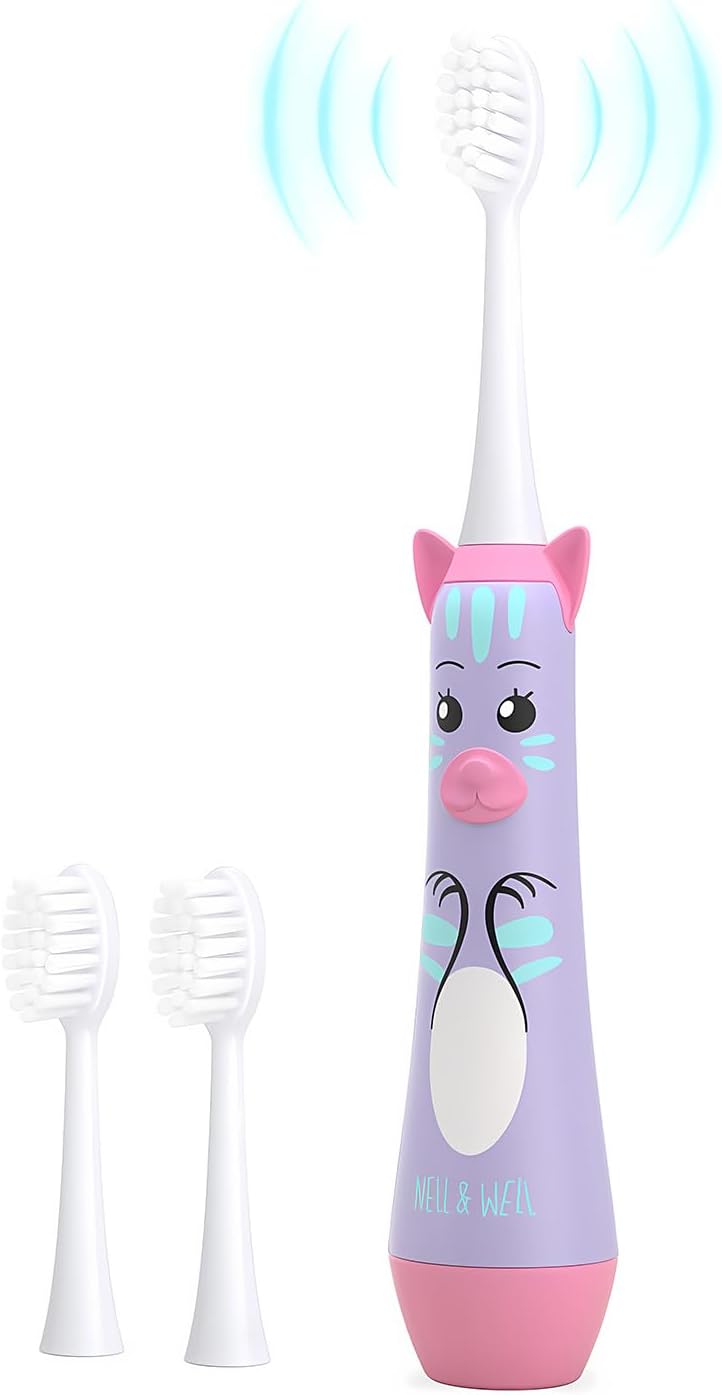 NELLWELL Kids Electric Toothbrush, 2-Min Timer, 3 Modes with Memory, IPX 7 Waterproof, Battery Powered Kids Toothbrush with 3 Soft Bristles Heads for Children Boys and Girls Ages 3+ - Image 1